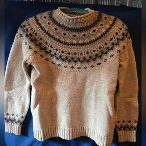 L.L. Bean Lamb's Wool Tan and Black Nordic Crewneck Sweater